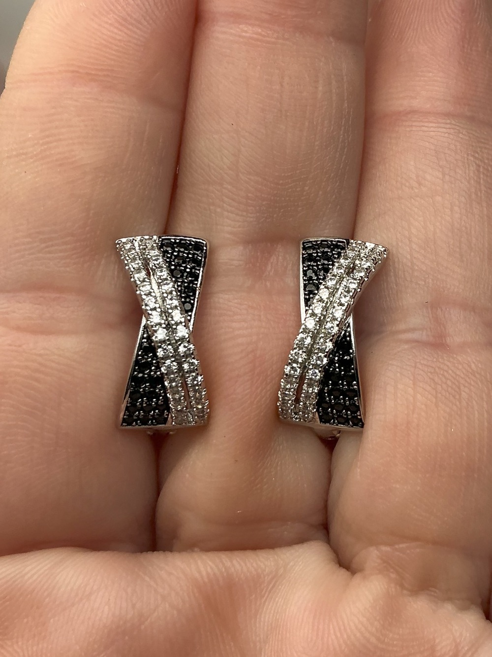 Black White CZ Pave Criss Cross Leverback Earrings Silver Tone